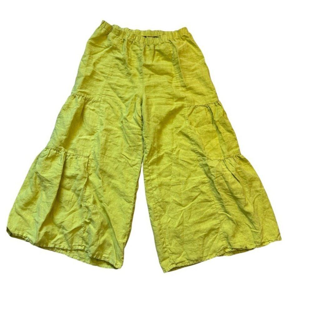 Match Point Green Yellow 100% Linen High Waisted Pleated Wide Leg Pants Trousers - Picture 2 of 5